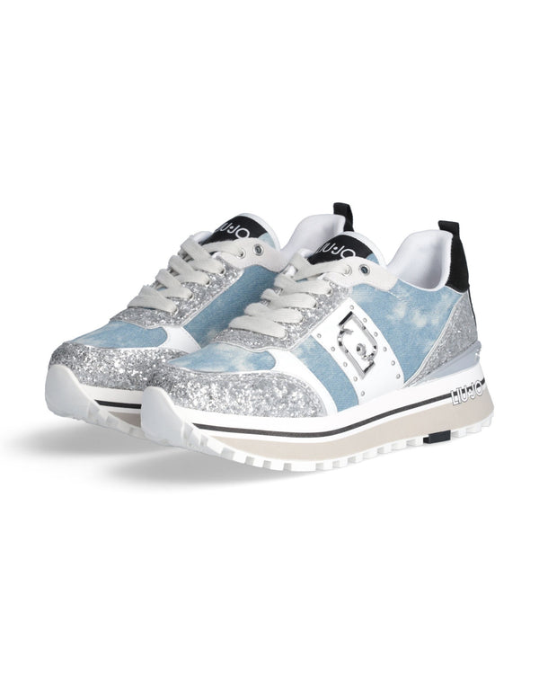 Liu Jo Sneakers Maxi Wonder 71 Mixed Leather Denim and Silver Glitter-2