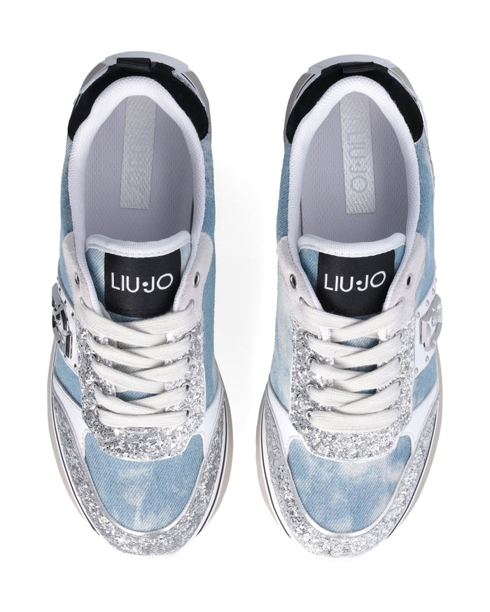 Liu Jo Sneakers Maxi Wonder 71 Mixed Leather Denim and Silver Glitter 3