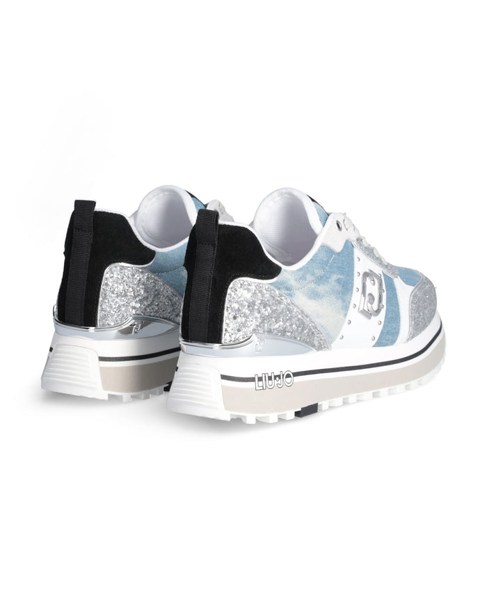 Liu Jo Sneakers Maxi Wonder 71 Mixed Leather Denim and Silver Glitter 4