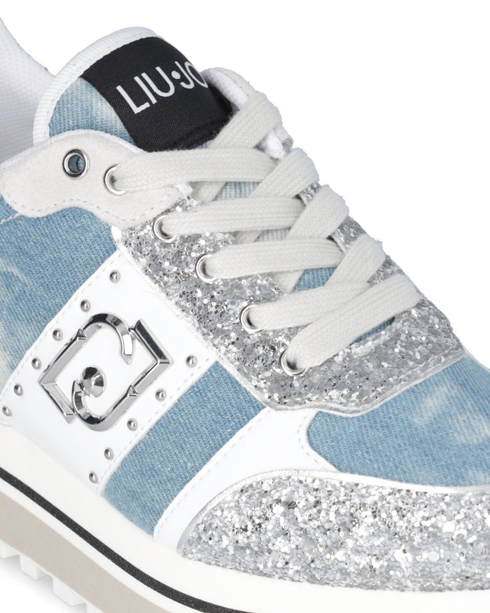 Liu Jo Sneakers Maxi Wonder 71 Mixed Leather Denim and Silver Glitter 5