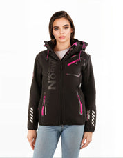 Geographical Norway Hooded Full Zip Windproof Softshell Outdoor Jacket Black Women