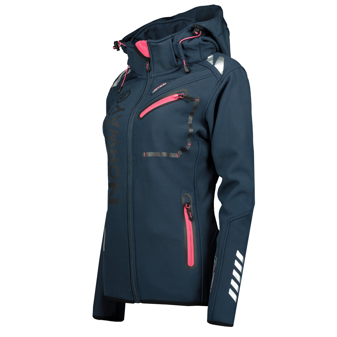 Geographical Norway Hooded Full Zip Windproof Softshell Outdoor Jacket Blue Women
