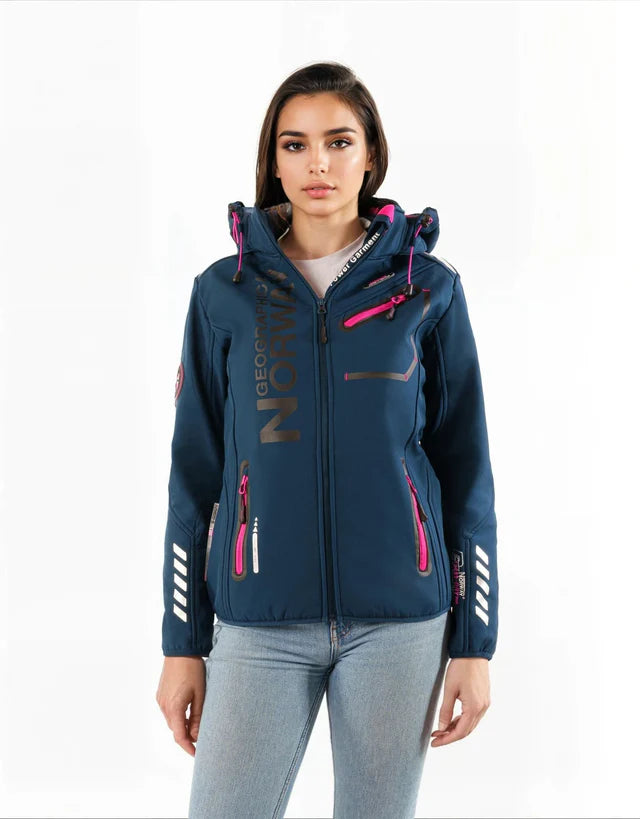 Geographical Norway Hooded Full Zip Windproof Softshell Outdoor Jacket Blue Women