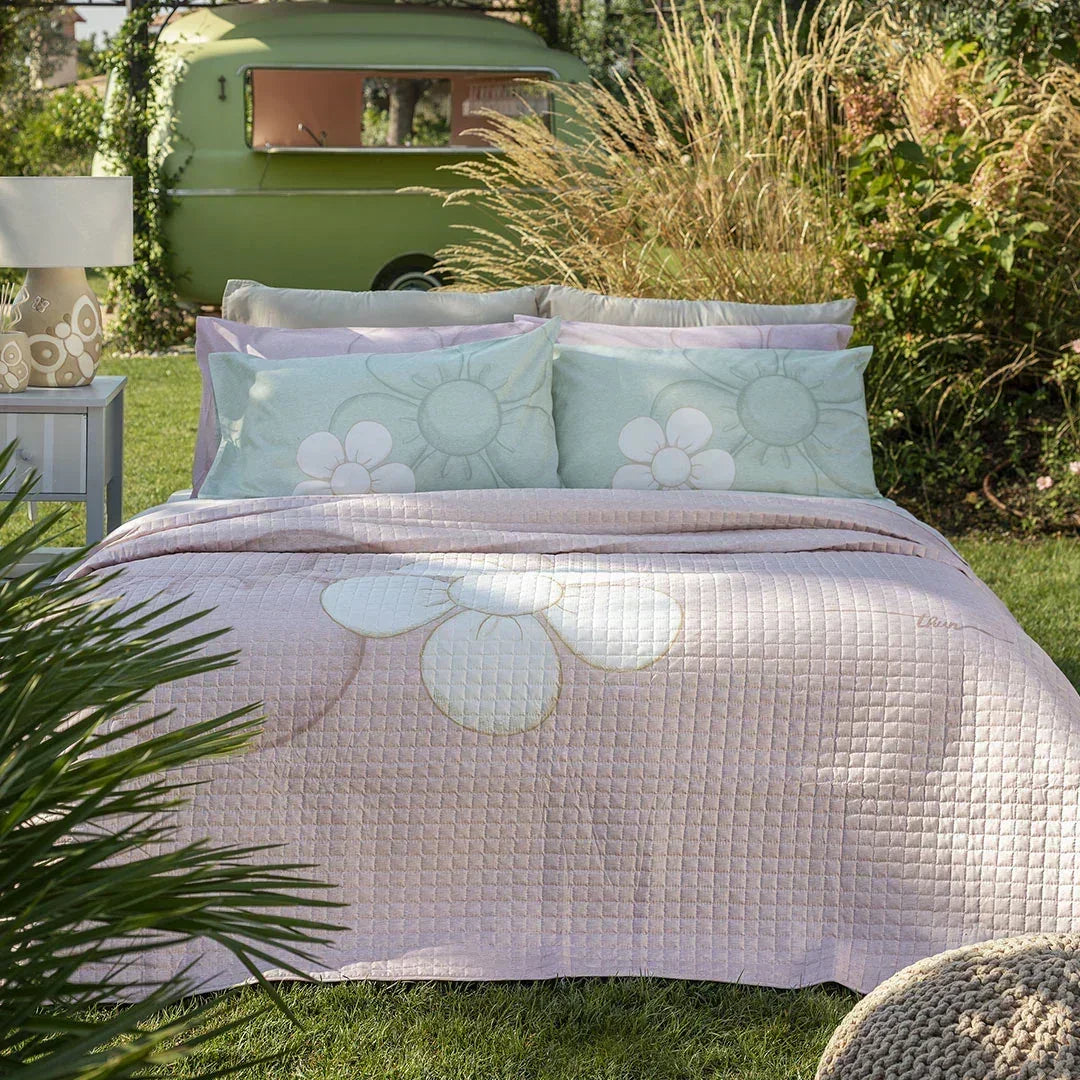 THUN Completo Letto lenzuolo e federe Matrimoniale Daisy 100% Cotone green b201061