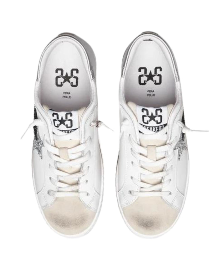 2Star Sneakers Platform 4 cm Glitter Effetto Used Pelle Bianco 3