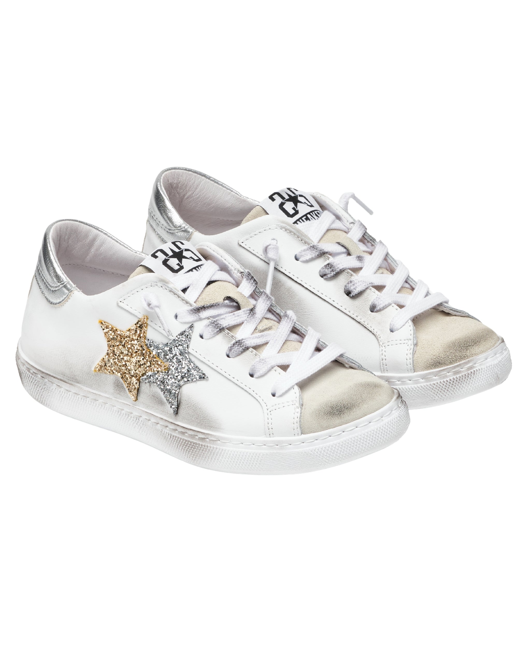 2Star Women's Casual Sneakers Low Version Used Effect in White Leather