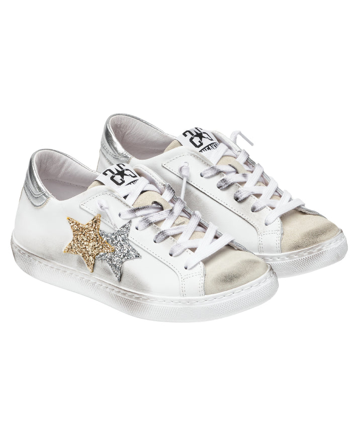 2Star Women's Casual Sneakers Low Version Used Effect in White Leather 3