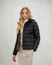 Blauer Piumino Sfiancato Charme Nero Interno Beige Donna con Cappuccio Fisso