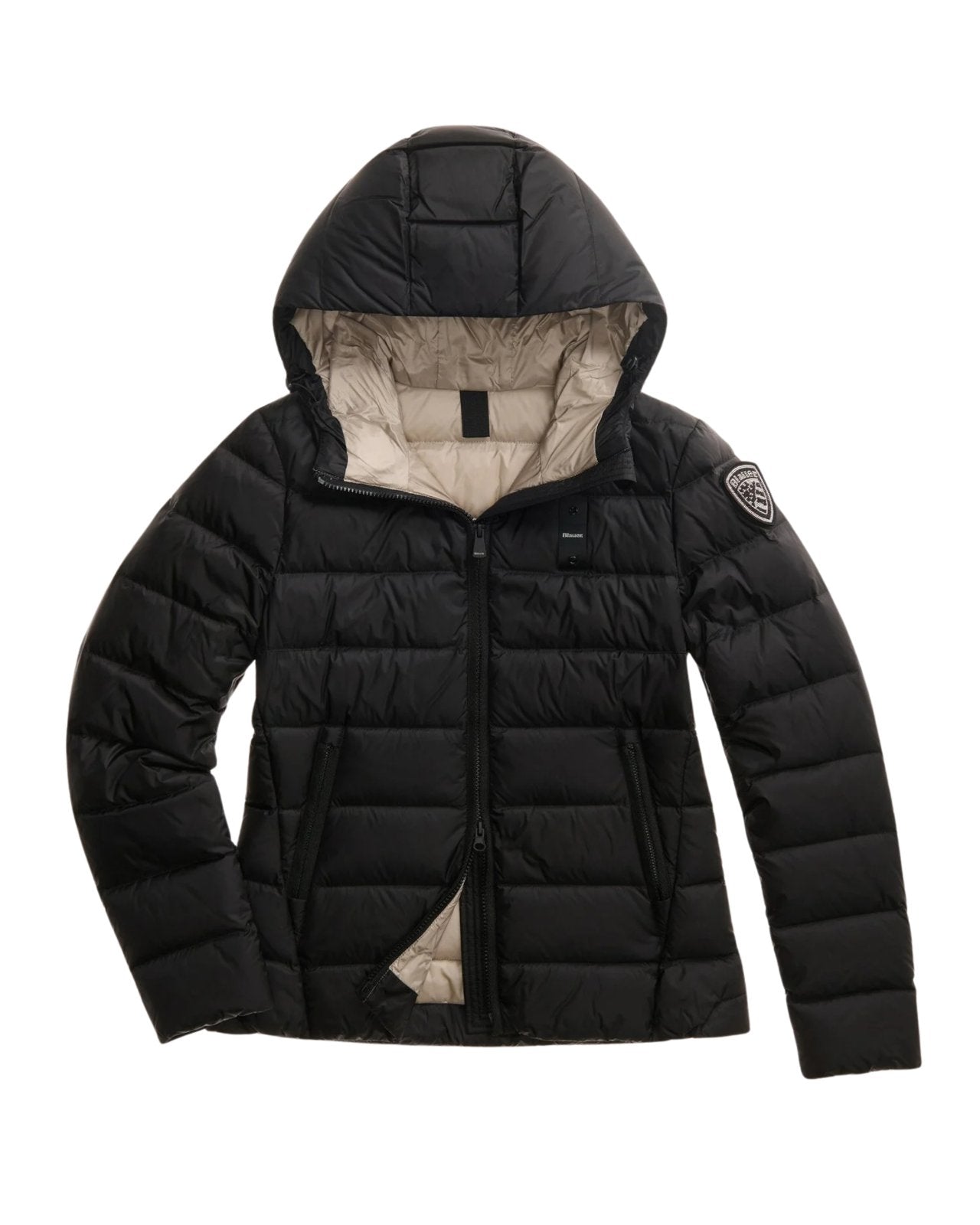 Blauer Piumino Sfiancato Charme Nero Interno Beige Donna con Cappuccio Fisso