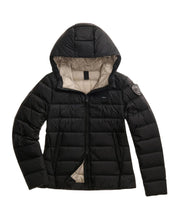 Blauer Piumino Sfiancato Charme Nero Interno Beige Donna con Cappuccio Fisso