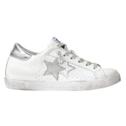 2Star Scarpe Sneakers Made in Italy artigianali One Star Pelle Bianco con Glitter Argento 2SD5103