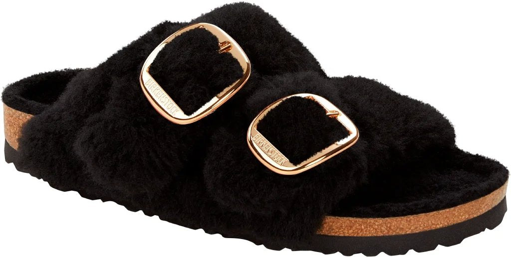 Birkenstock Clog Arizona Big Buckle Teddy Fur pelliccia sandalo NERO donna sughero calz stretta - Made in Germany