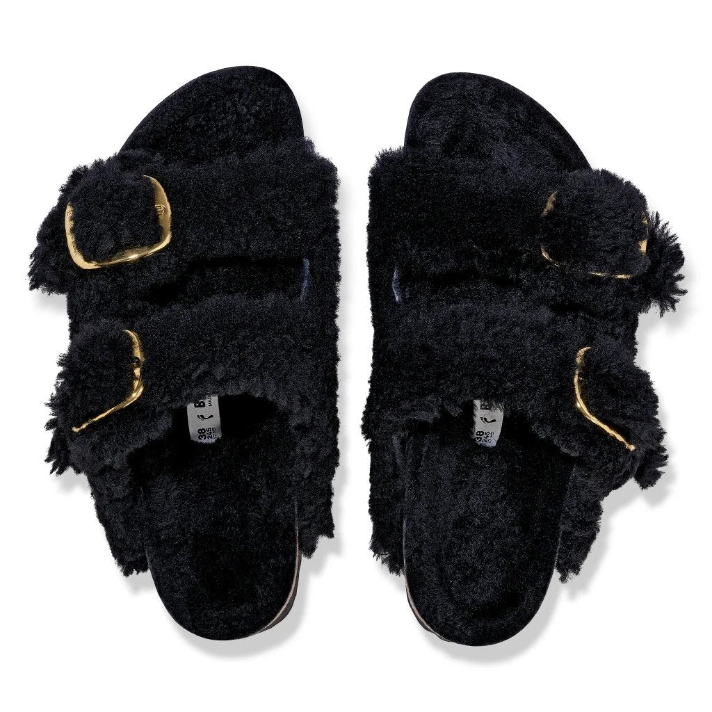Birkenstock Clog Arizona Big Buckle Teddy Fur pelliccia sandalo NERO donna sughero calz stretta - Made in Germany