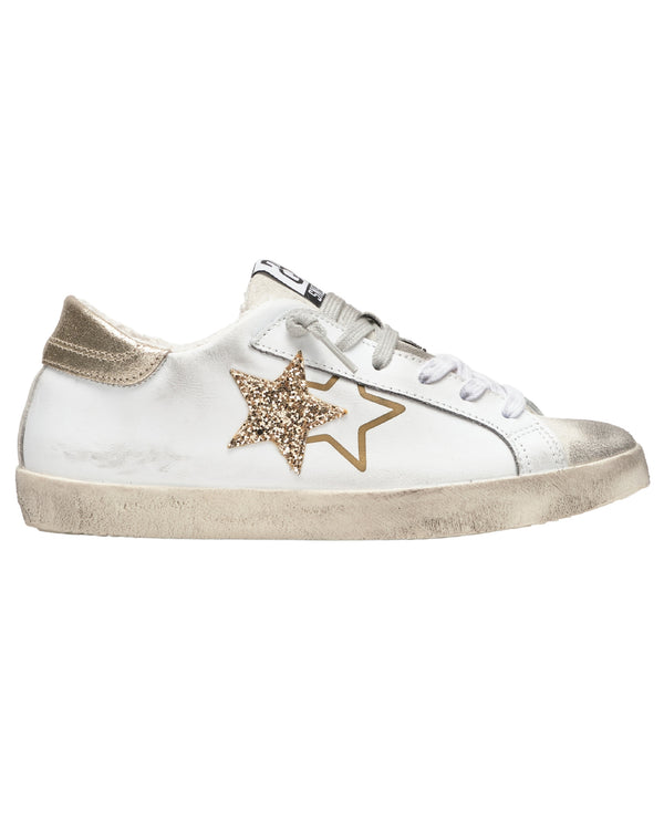 2Star Sneakers One Star Pelle Bianca Dettagli Glitter Oro