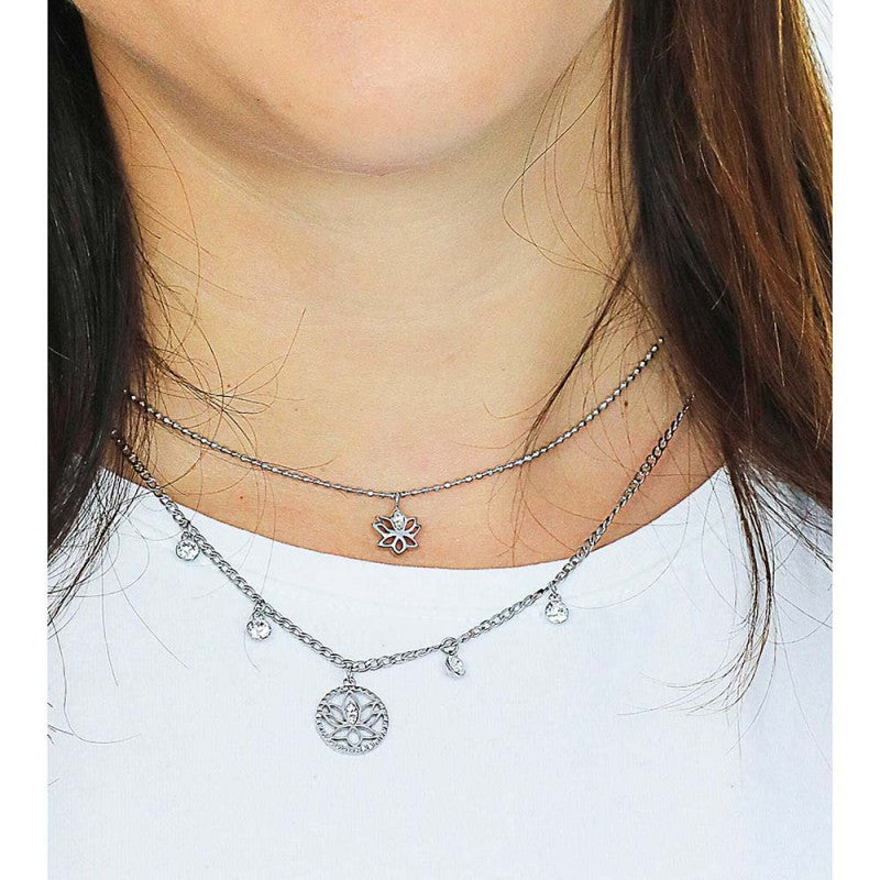 Brosway Collana Donna CHAKRA in acciaio doppio filo fiori di loto e cristalli crystal - BHKN064