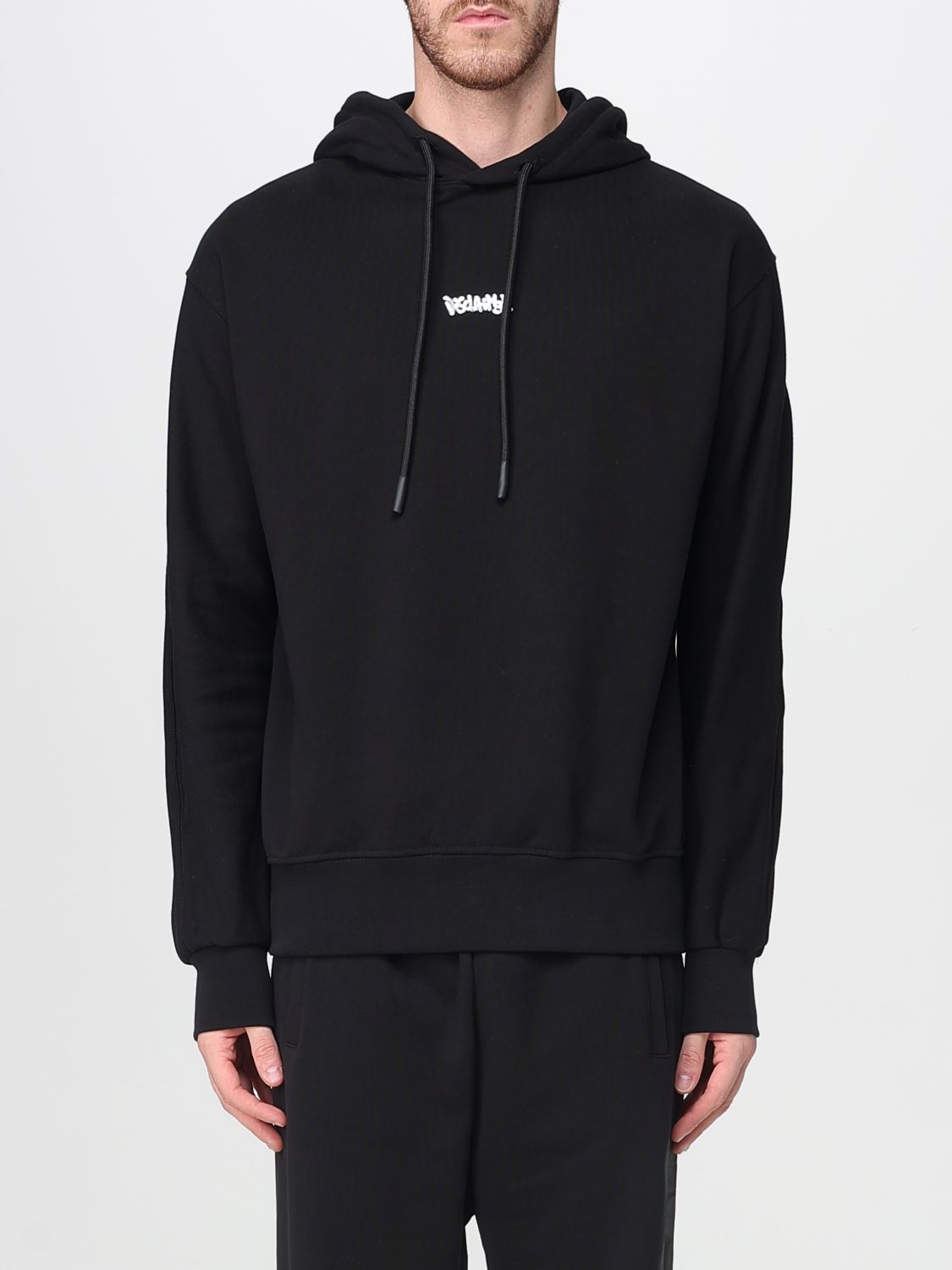 Disclaimer Felpa con Cappuccio 100% Cotone Nero Striscia Logo Bianco Uomo 55100