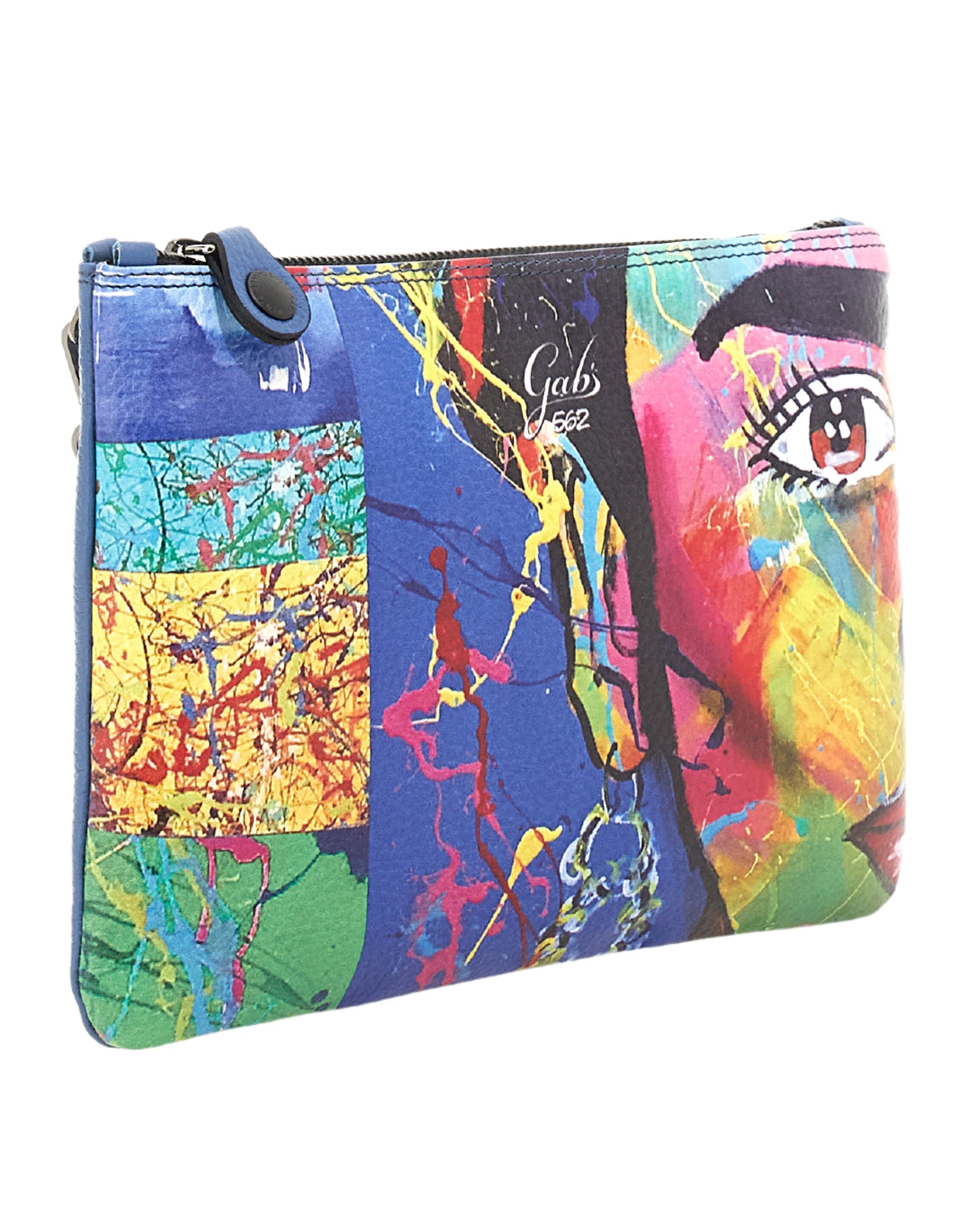 Gabs Beyonce M Black Leather Clutch with Blue Print Trip - Travel