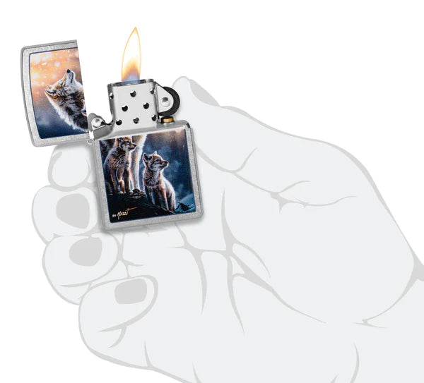 Zippo accendino ricaricabile antivento Made in USA Mazzi Lupo e cuccioli 47106