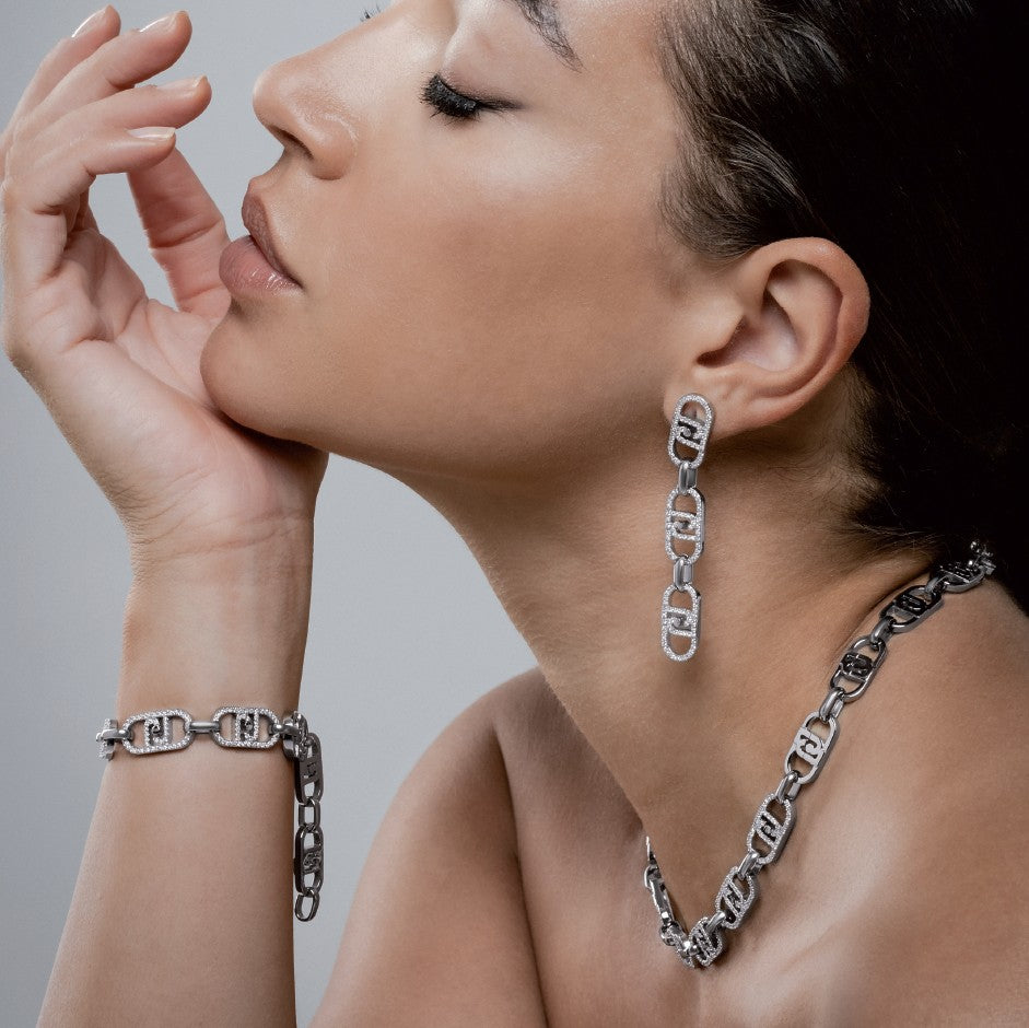 Liu Jo orecchini pendenti monogram acciaio inossidabile silver logo e zirconi LG2623