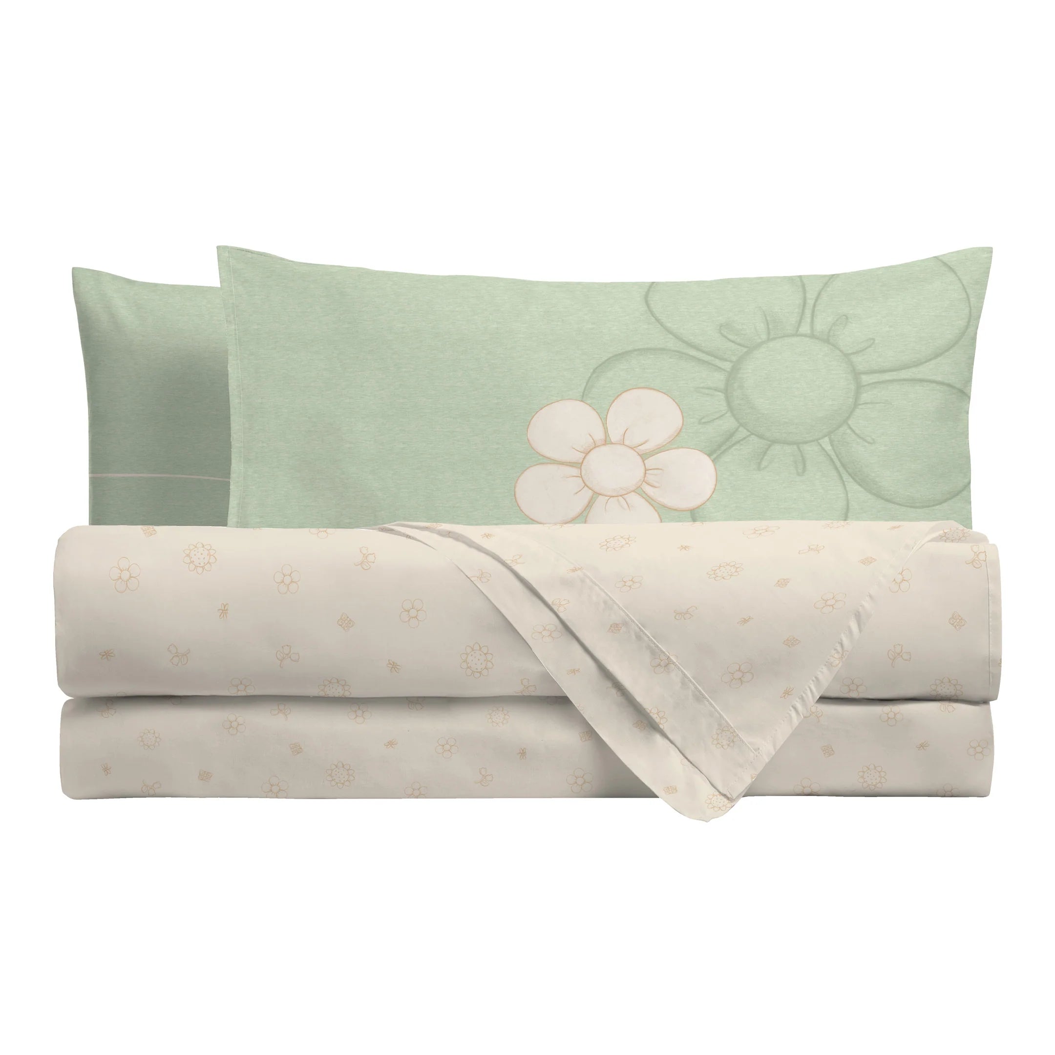 THUN Completo Letto lenzuolo e federe Matrimoniale Daisy 100% Cotone green b201061