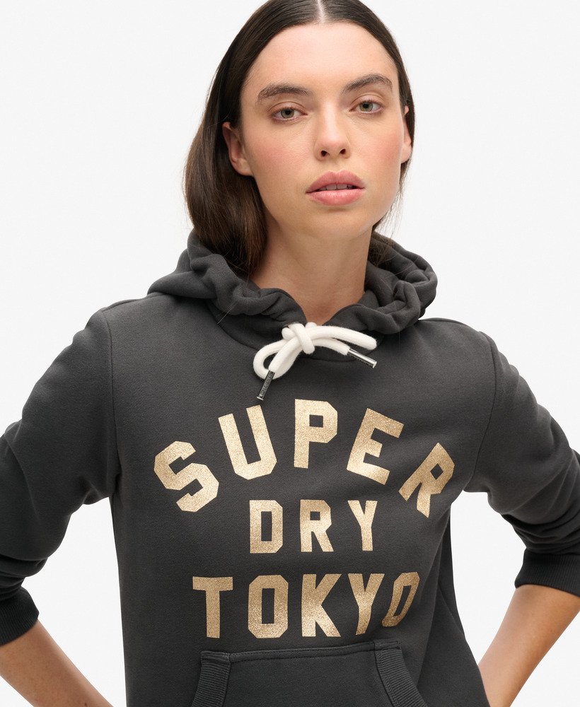 Superdry Felpa Donna Glitter Graphic Logo Hoodie misto Cotone Nero Washed