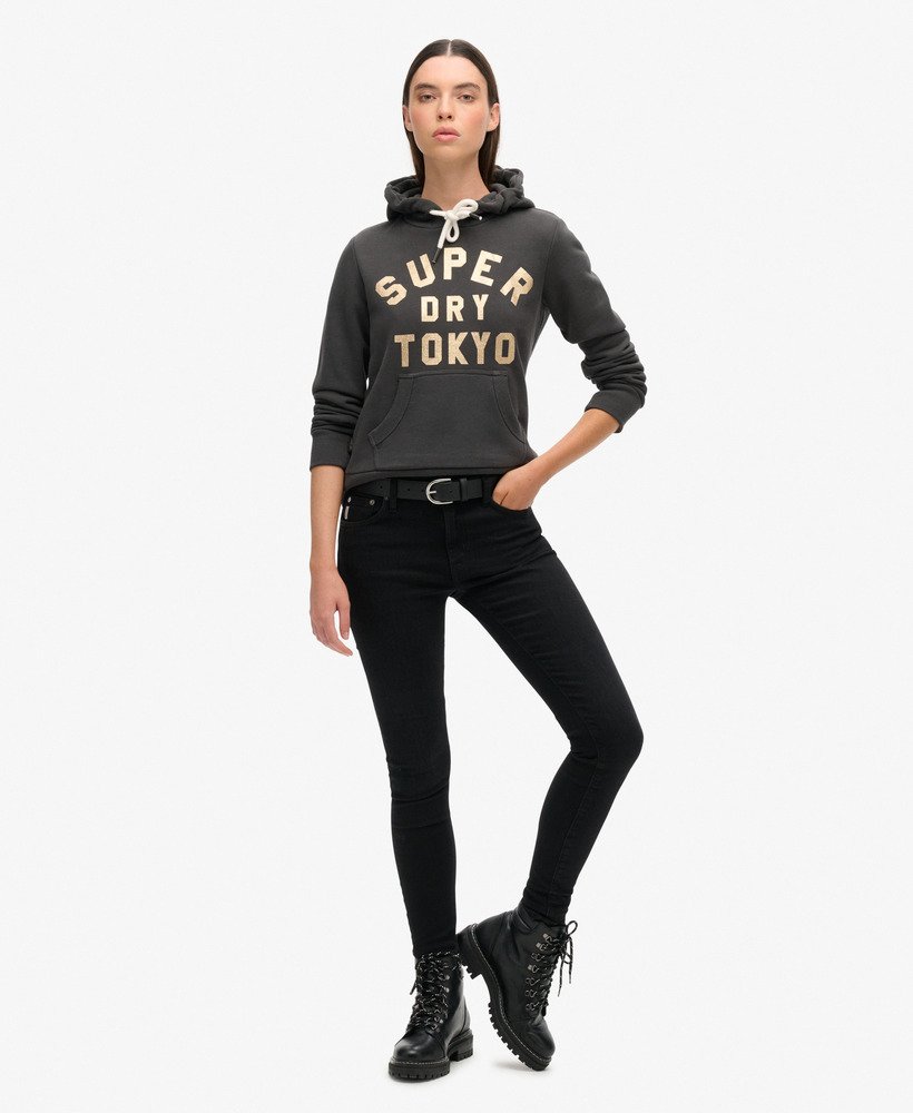 Superdry Felpa Donna Glitter Graphic Logo Hoodie misto Cotone Nero Washed