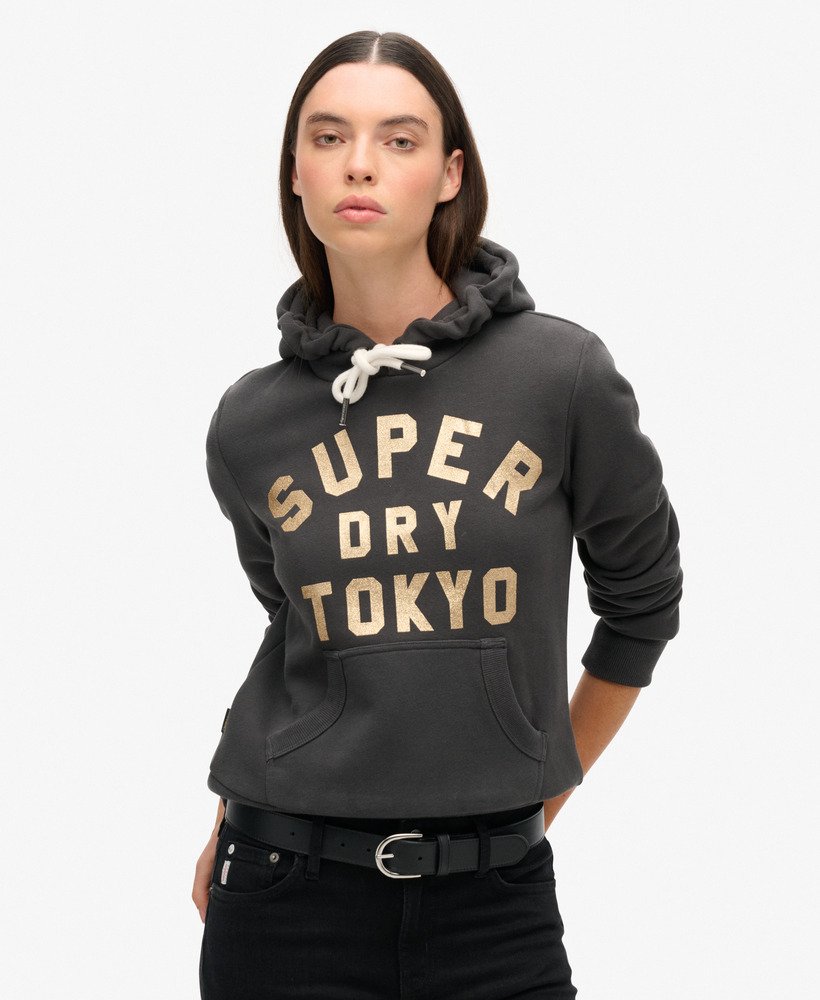 Superdry Felpa Donna Glitter Graphic Logo Hoodie misto Cotone Nero Washed