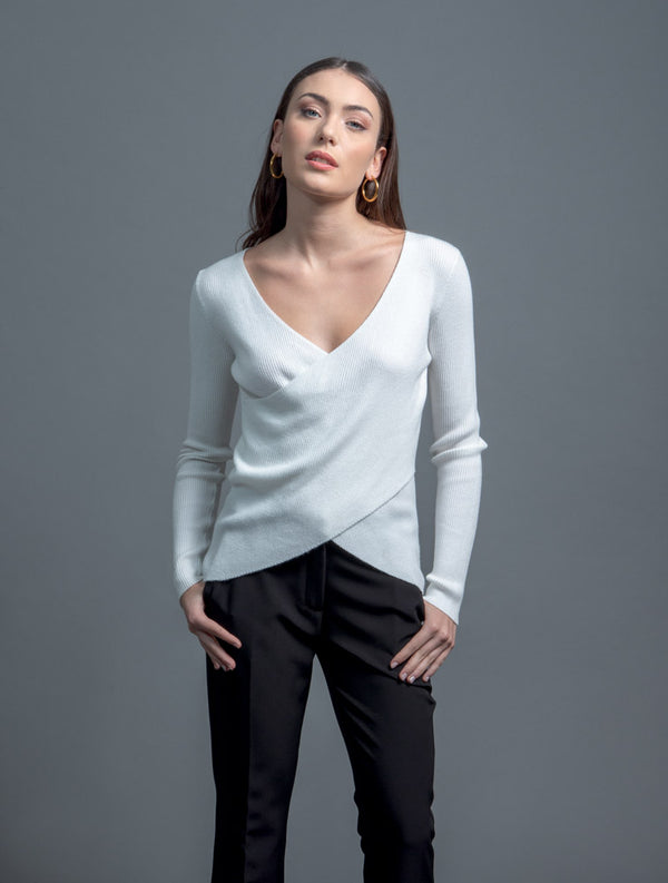 Whitewise Pullover A Coste Incrociato Bianco Donna