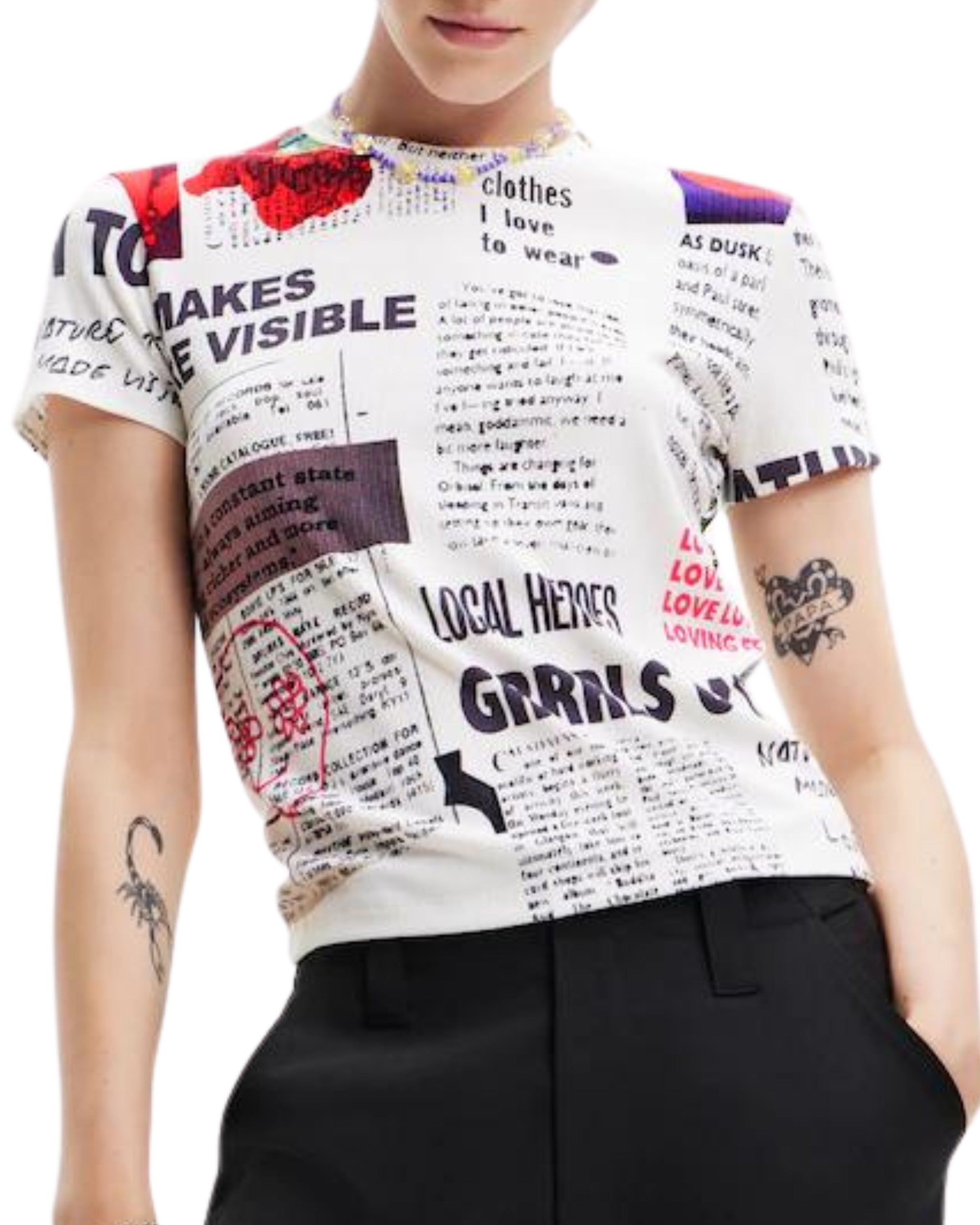 Desigual Woman Knit Tshirt "newspaper" White Woman