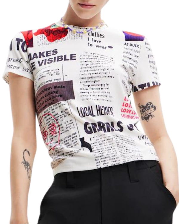 Desigual Woman Knit Tshirt "newspaper" Bianco Donna-2