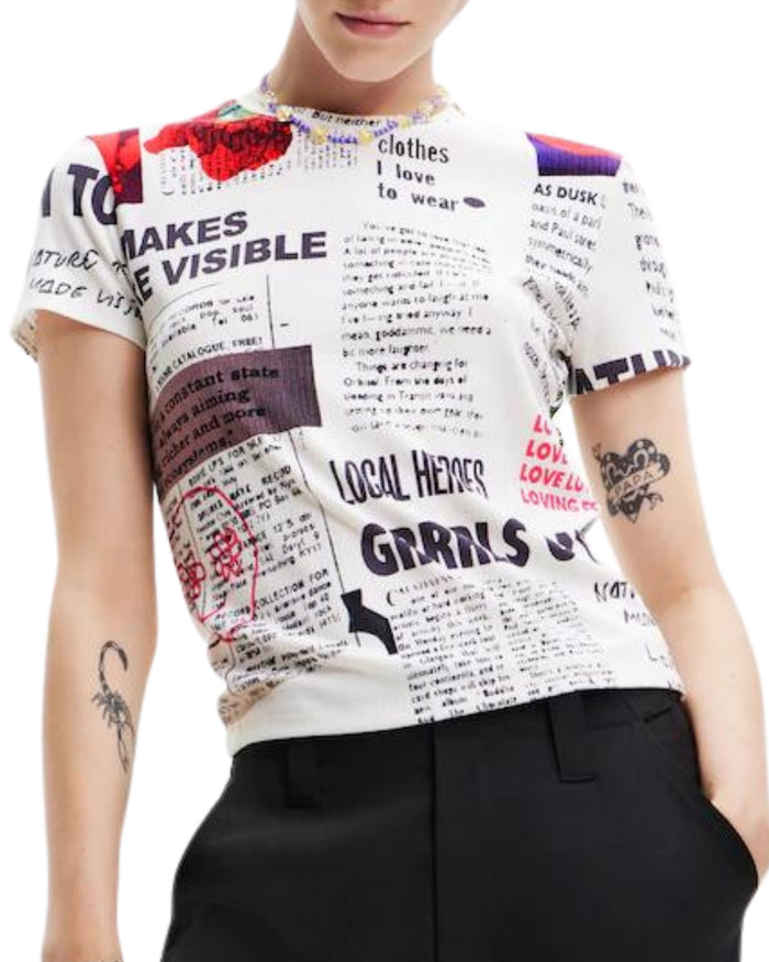 Desigual Woman Knit Tshirt "newspaper" Bianco Donna 2