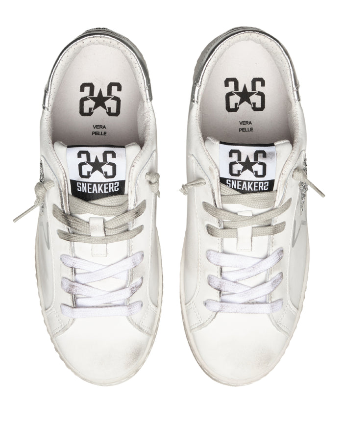 2Star Sneakers HS Pelle con Dettagli Glitter Argento Bianca 3