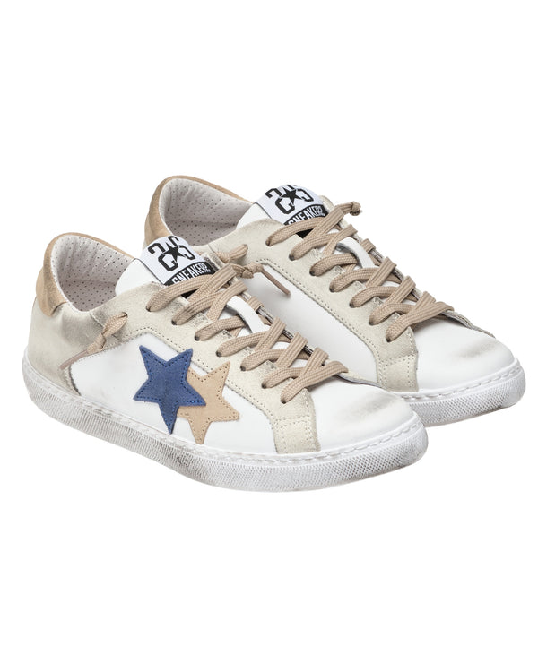2Star Sneakers Very Star Pelle Bianca Dettagli Ghi Blu Beige-2