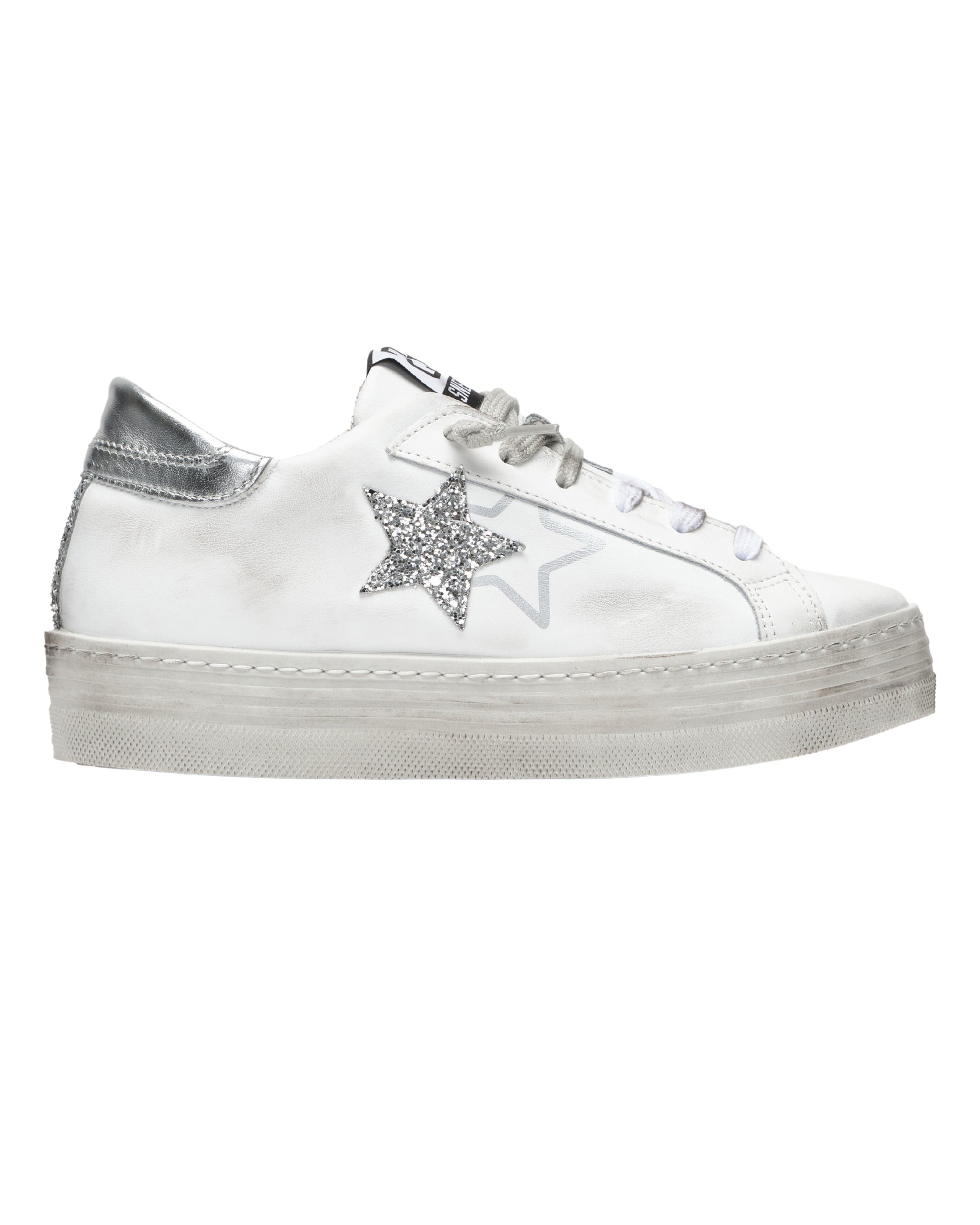 2Star Sneakers HS Pelle con Dettagli Glitter Argento Bianca