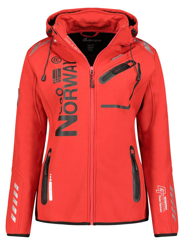 Geographical Norway Hooded Full Zip Windproof Softshell Outdoor Jacket Red Women