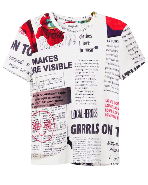 Desigual Woman Knit Tshirt "newspaper" Bianco Donna
