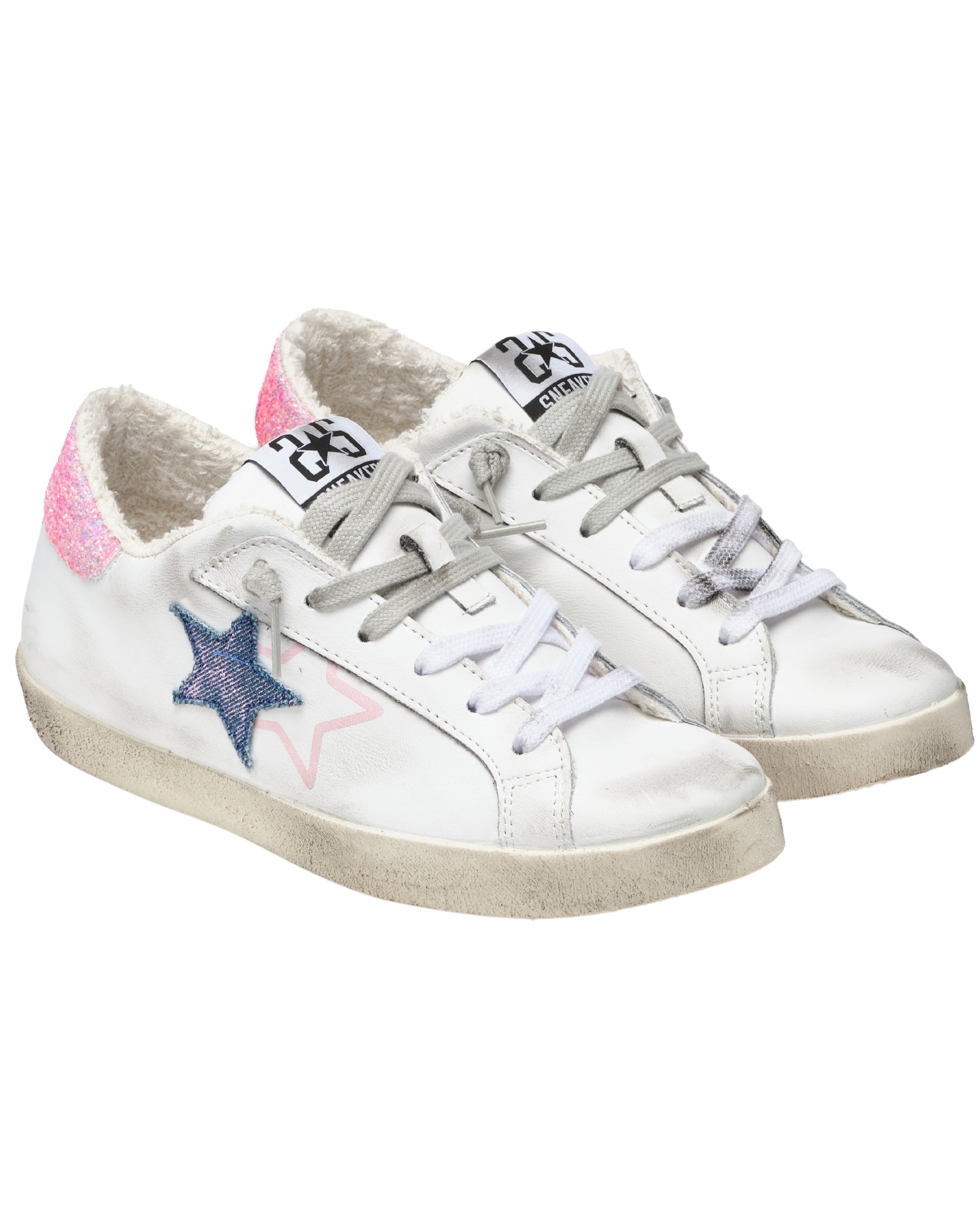 2Star Sneakers One Star Pelle Bianca Dettagli Glitter Rosa