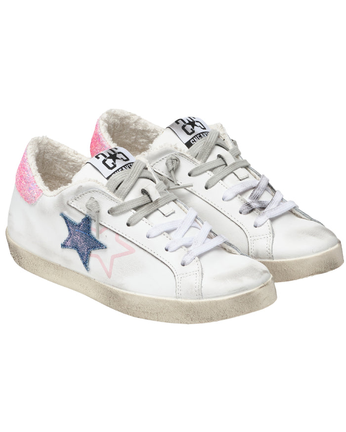 2Star Sneakers One Star Pelle Bianca Dettagli Glitter Rosa 3