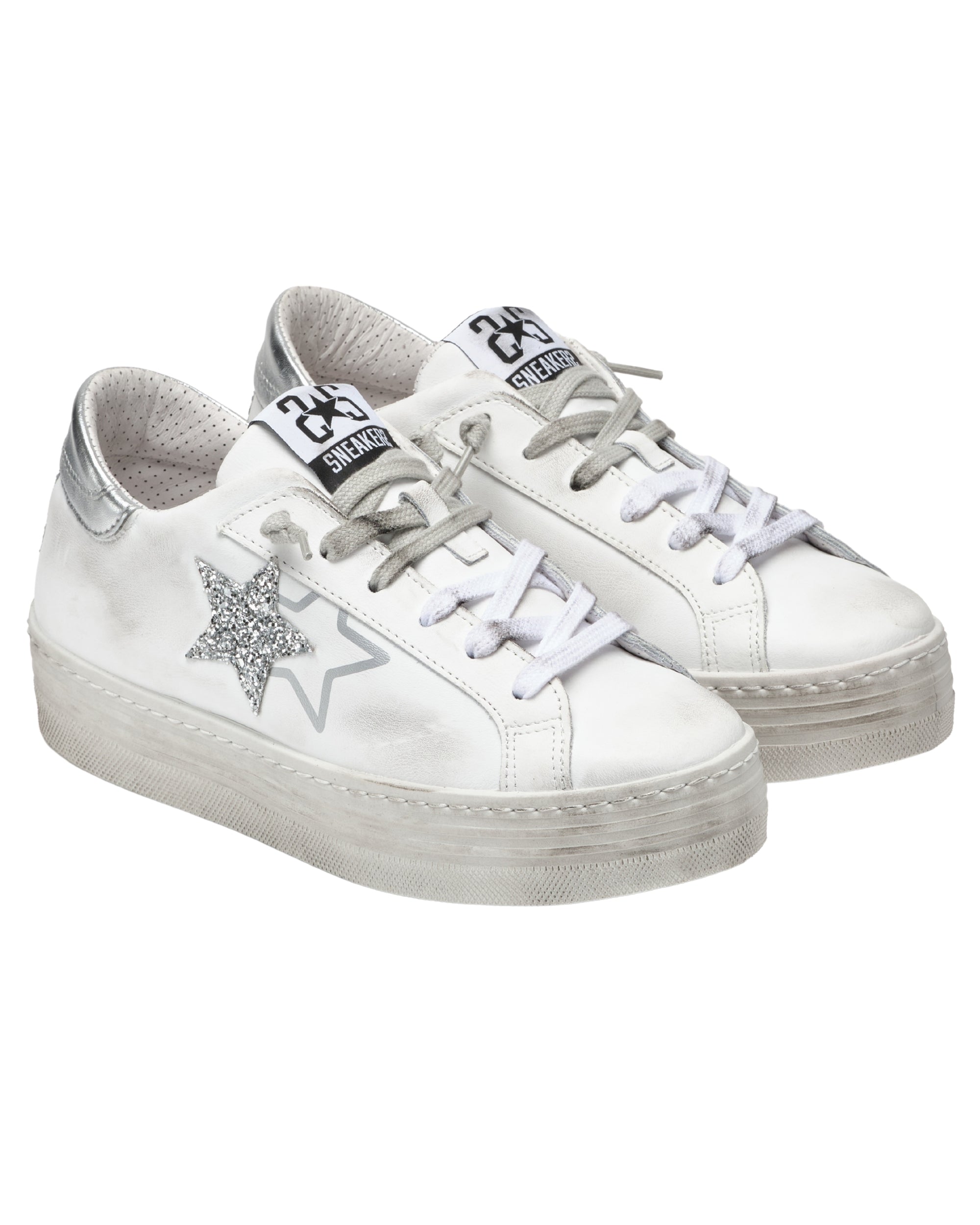 2Star Sneakers HS Pelle con Dettagli Glitter Argento Bianca