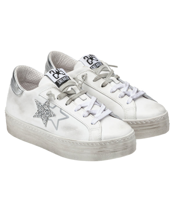 2star Sneakers Hs Pelle Bianca Dettagli Glitter Argento Bianco Donna-2